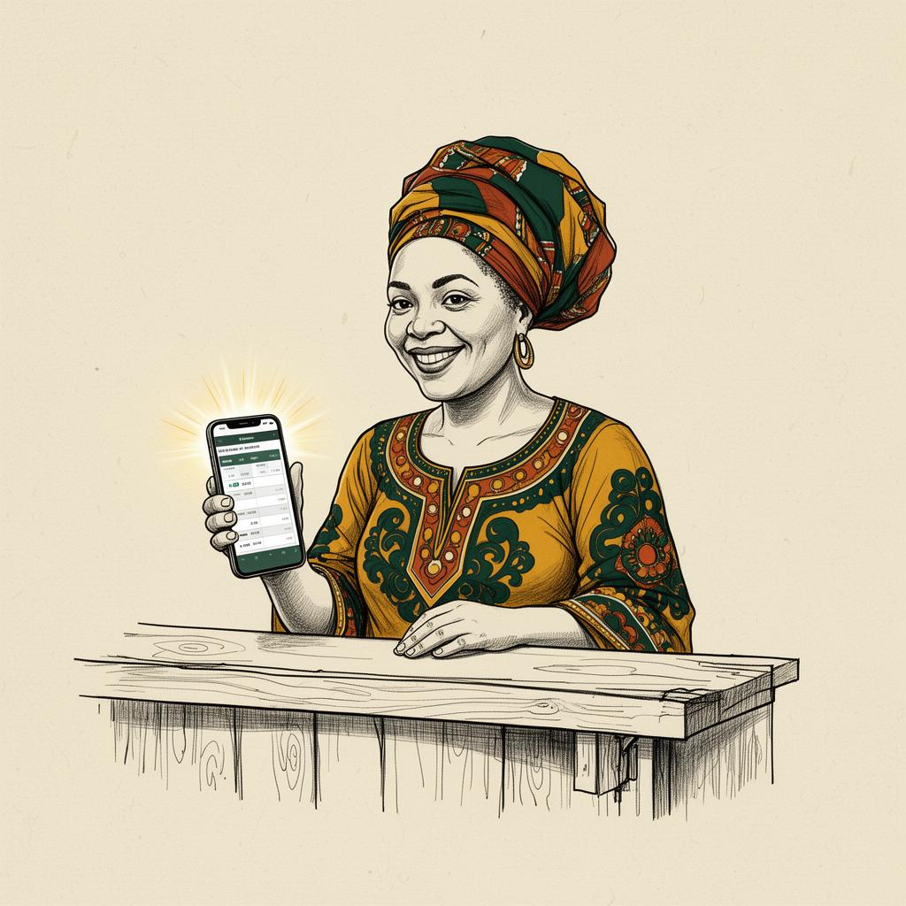 Shopkeeper holding her phone at the shop counter